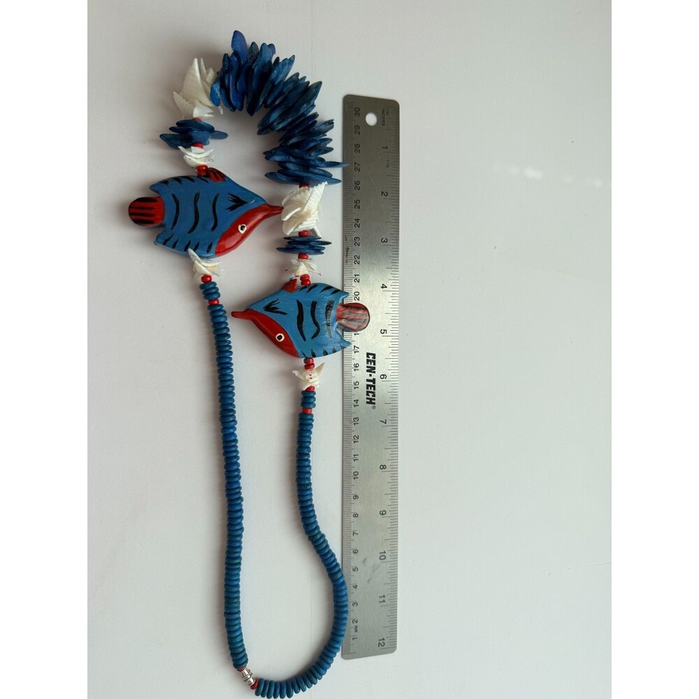 Vintage Hand Carved Wood Tropical Fish Shell Statement Necklace Blue Ocean Boho - Picture 6 of 8